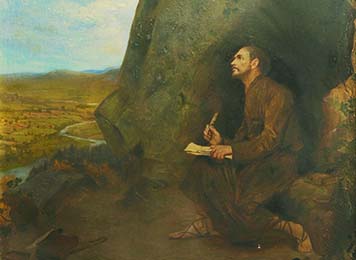 St. Ignatius writing outside the cave in Manresa, painting by Albert Chevallier-Tayler