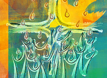 Blue-green and goldenrod abstract painting of the Pentecost