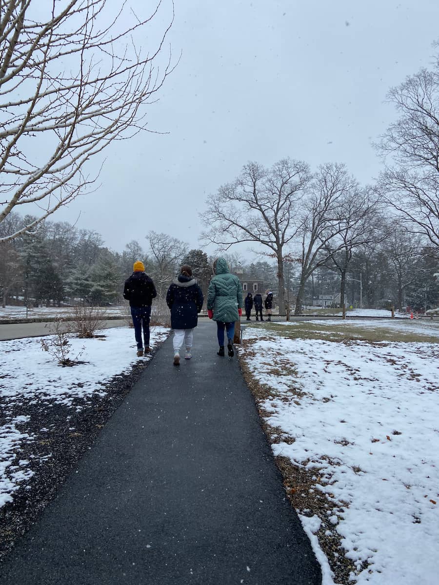 retreatants walking in the snow