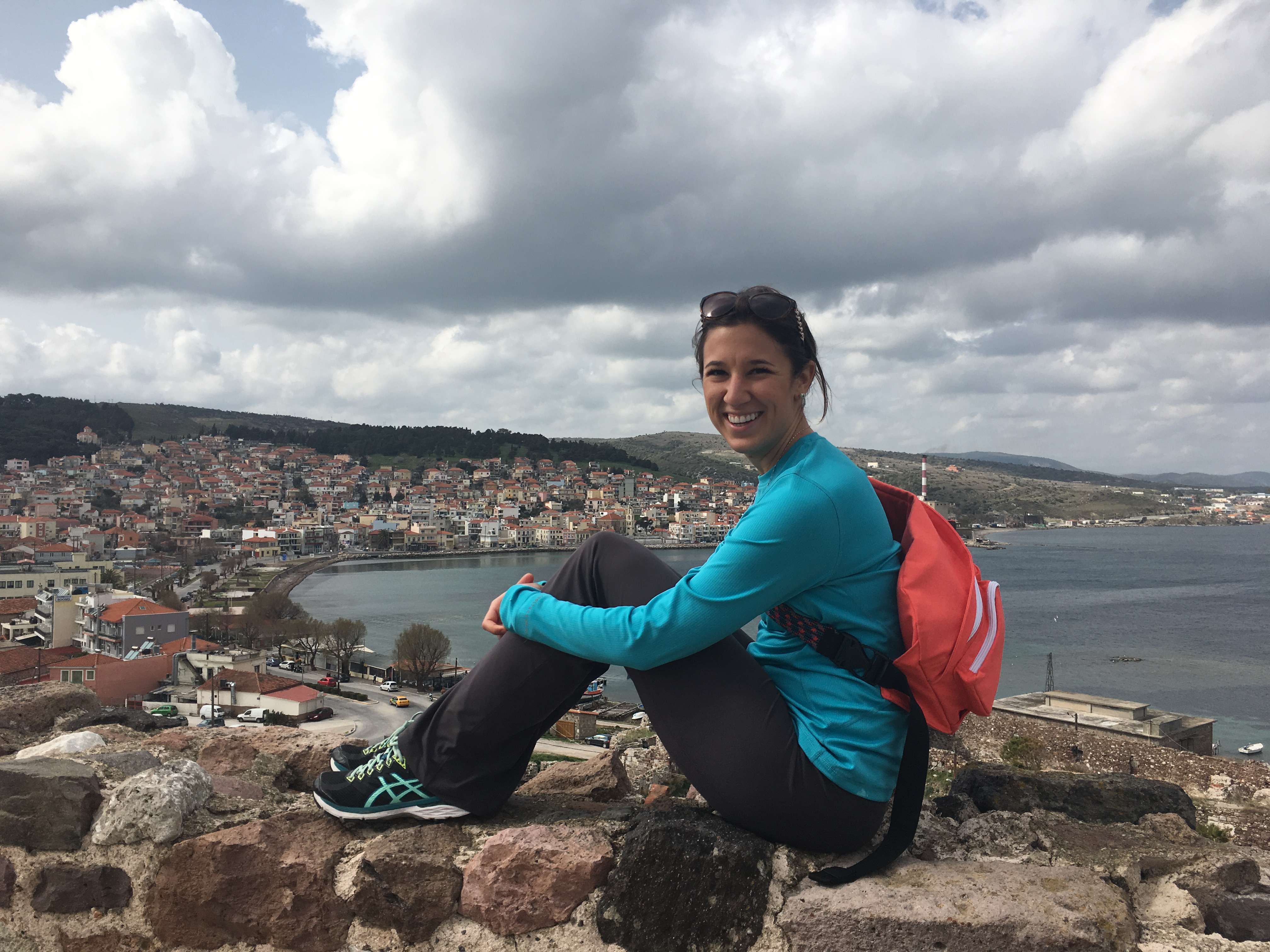 Skylar on top of the ancient castle of Mytilini looking over the city.