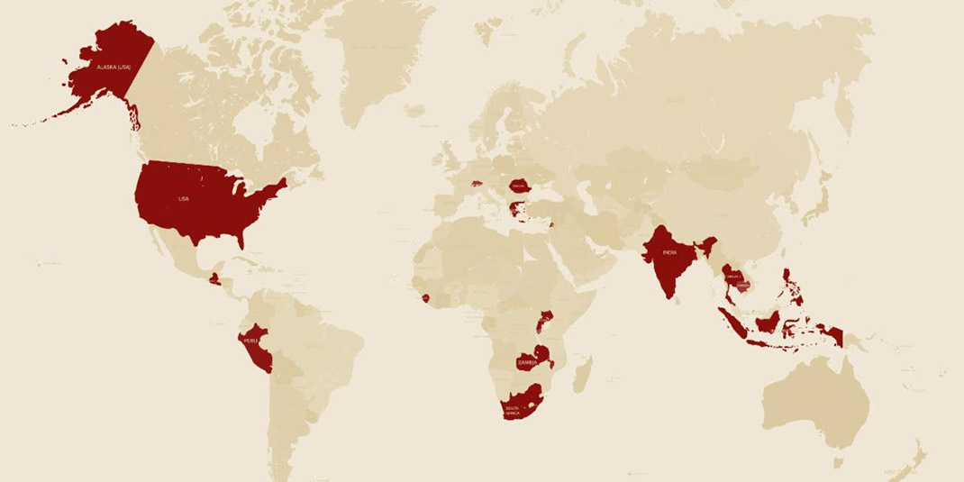 A map highlighting the countries where Global Practice students are working