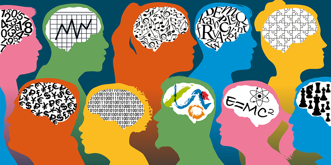 Concept of the diversity of talents and know-how, with profiles of male and female characters associated with different brains.