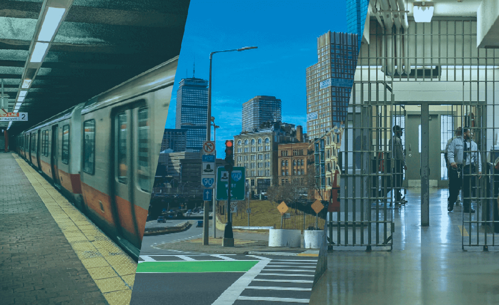 A train, a wide shot of the city of Boston, and a correctional facility 