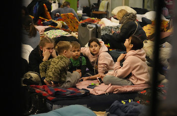 Ukrainian children refugees in a hideaway space