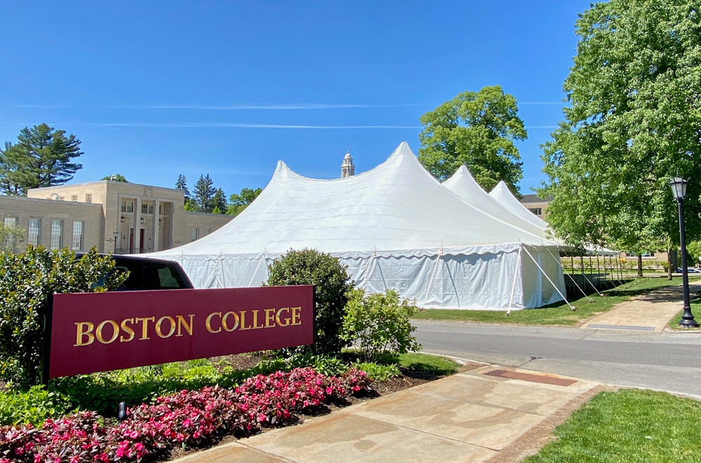 Woods College Diploma Ceremony tent at Cadigan Alumni Center