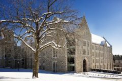The new Integrated Science building on Boston College's main campus after the first major snowfall of the season.