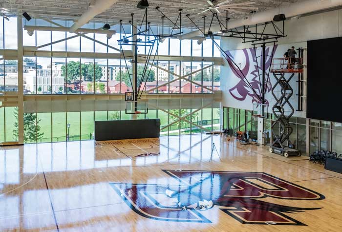 Photo from a catwalk of the new Hoag Pavilion practice basketball court