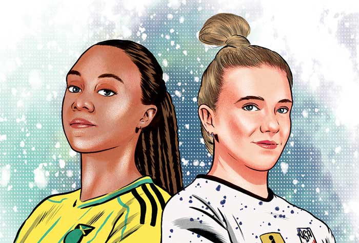 Colorful illustration of Allyson Swaby ’18 and Kristie Mewis  ’13 