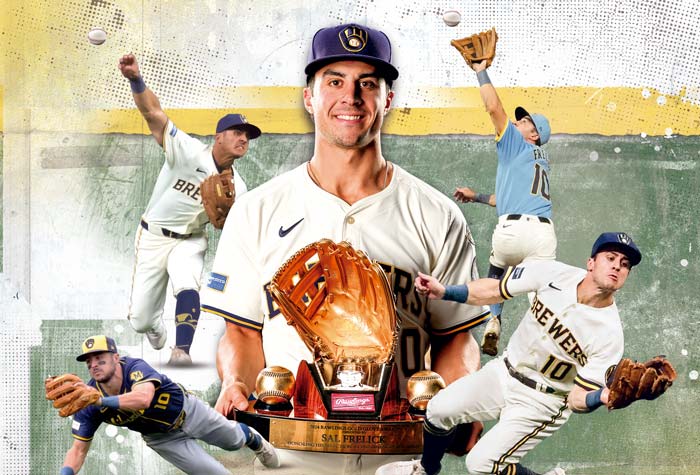 Collage of play action photos of Frelick over baseball field background