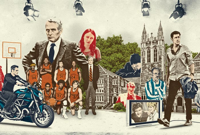 Illustration of fictional BC alums on a movie set