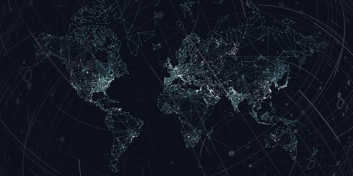 World map of abstract internet connections and urban light on deep blue-black background