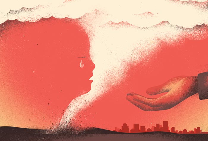 Illustration of a child's face behind behind a tornado opposite a hand reaching out to help