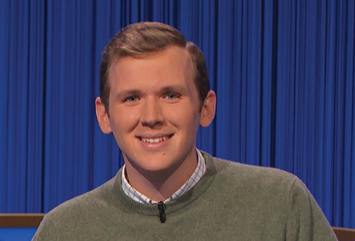 Sean McShane with Ken Jennings on the set of Jeopardy