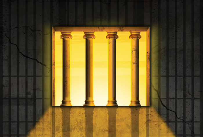 An illustration showing prison bars superimposed over columns invoking the Halls of Justice.