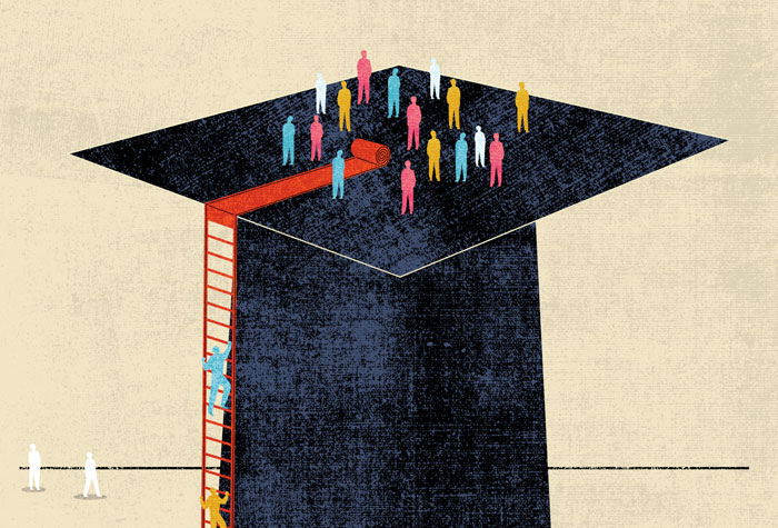 An illustration showing people scaling a graduation cap.