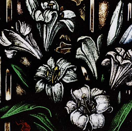 "Transforming Light: The Stained-Glass Windows of Boston College." St. Mary's Chapel, Alexander Locke windows. North wall. The Annunciation. Page 116: The Annunciation, detail