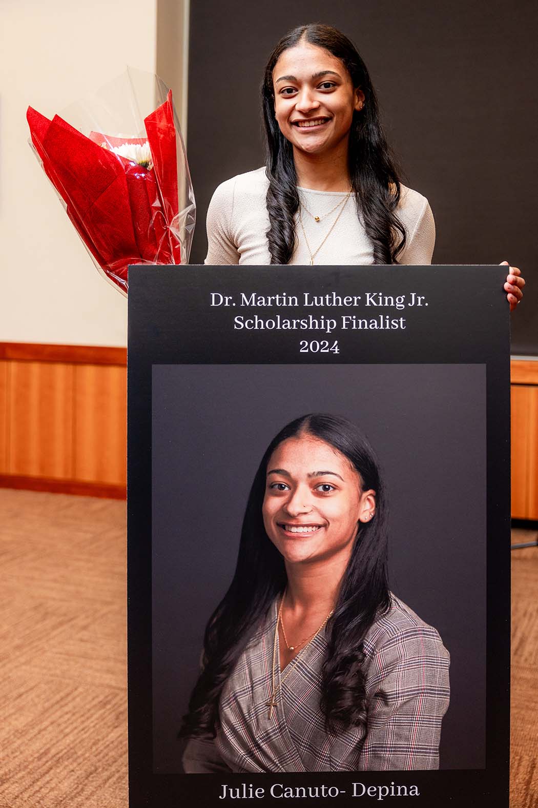 February 19, 2024 -- Boston College's 42nd annual Martin Luther King, Jr. Scholarship Awards banquet, held in the Murray Room. The award is presented to an outstanding member of the Class of 2025. The nominees were Tracy Aggrey-Ansong, Joy Babalola, Julie Canuto-Depina, Temidayo Lukan, and Esther Udoakang. Julie Canuto-Depina was the award recipient.