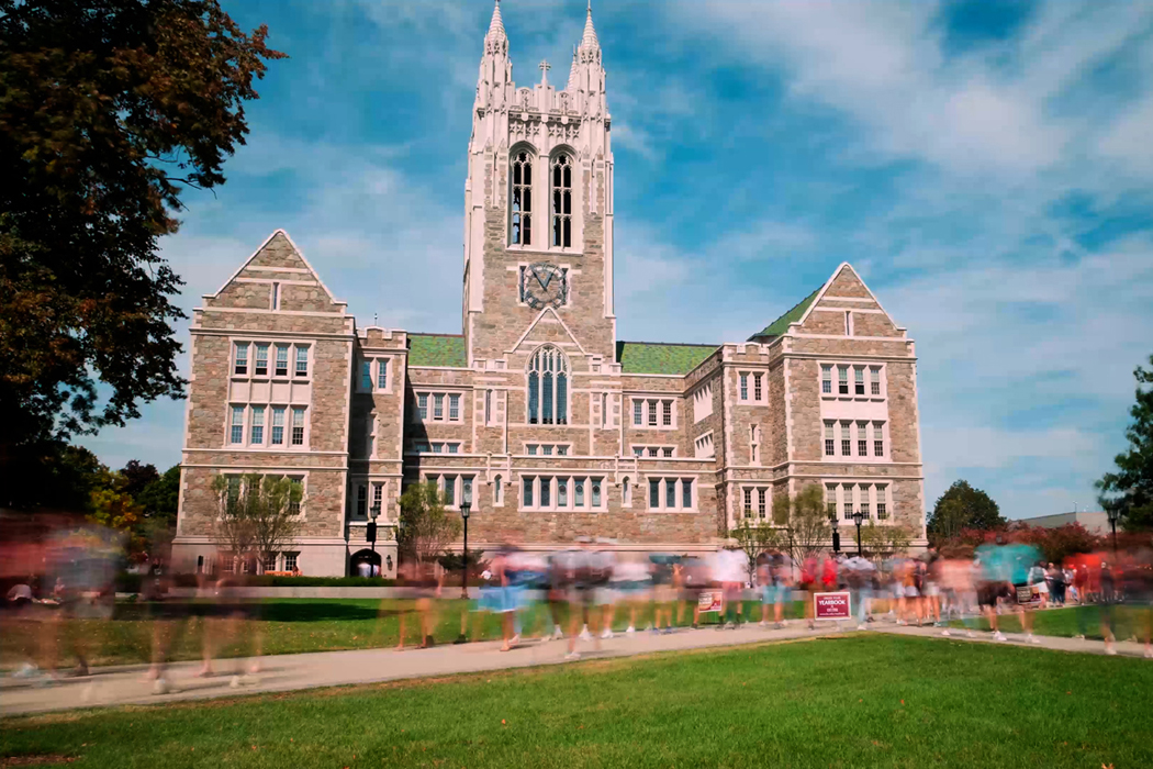 Gasson Hall with tulips in front