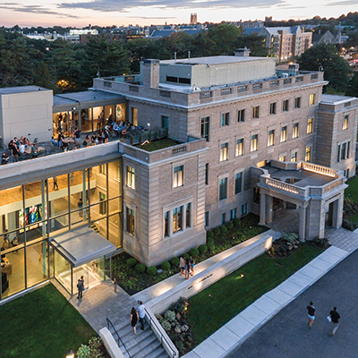 Art After Dark: Student Opening of the New McMullen Museum of Art at 2101 Commonwealth Avenue, Boston, MA BCM, Fall 2016. Photograph done by drone.